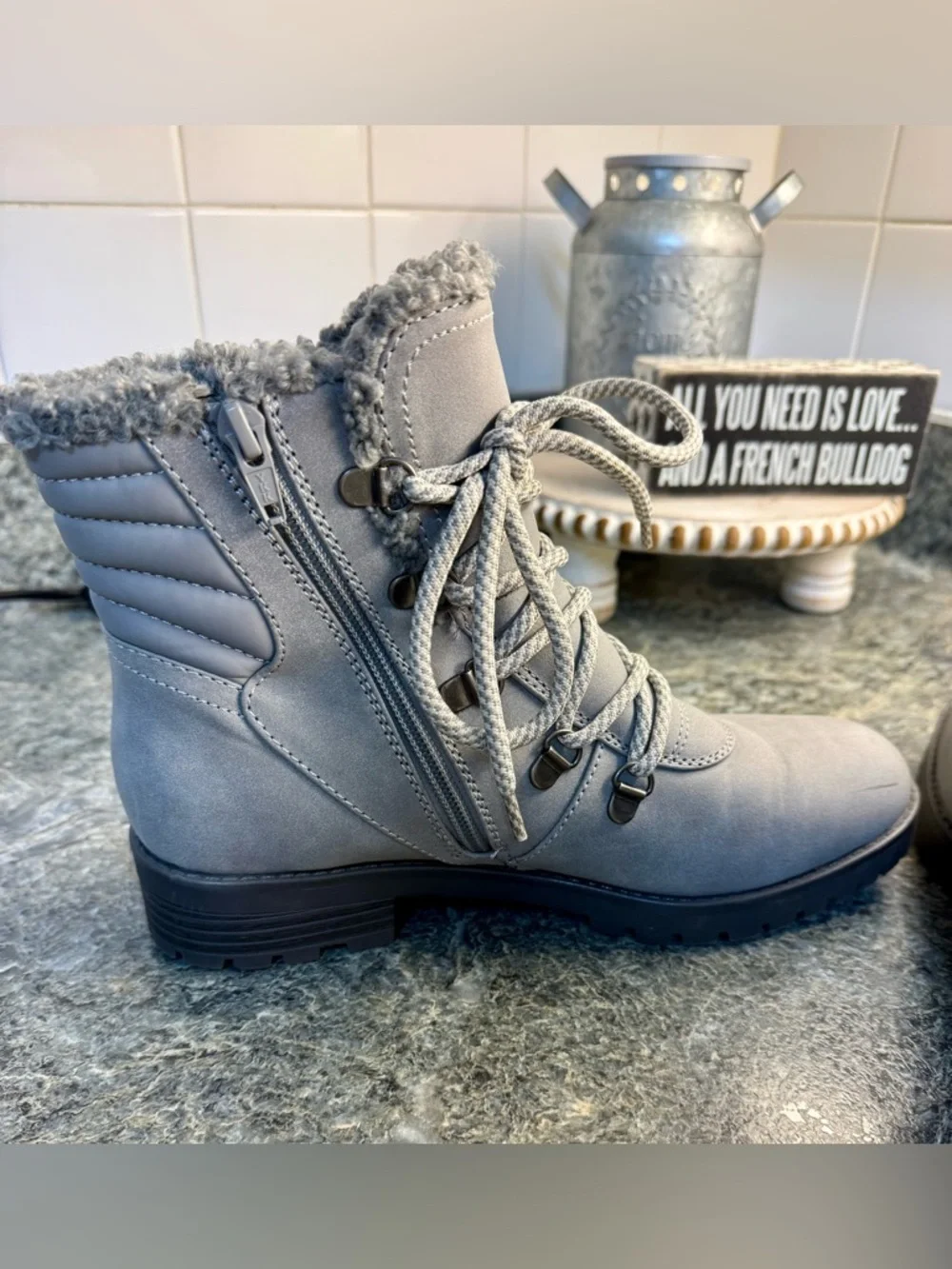 BareTraps Light Gray Faux-Sherpa Lace-Up Winter Boots 7